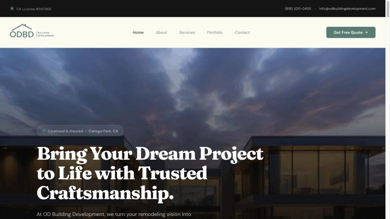 Desktop view of the OD Building Development website